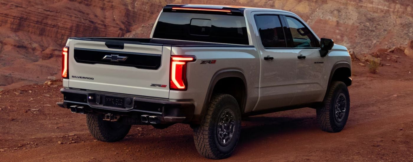 A white 2027 Chevy Silverado 1500 ZR2 rear-view.